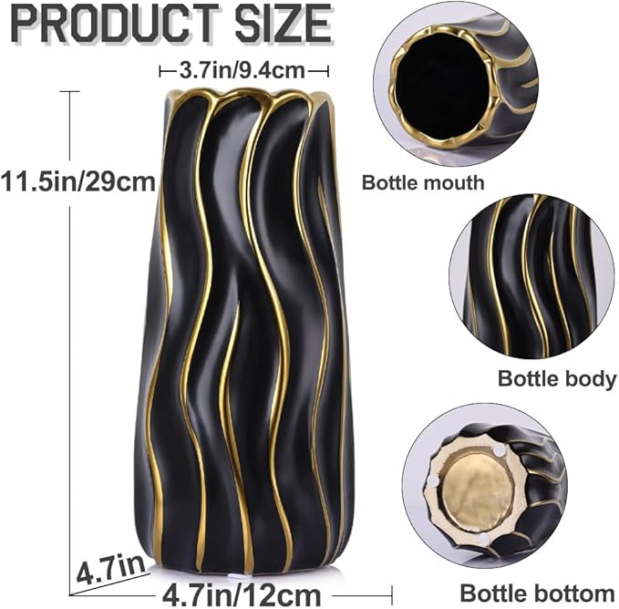 11.5" Black Ceramic Vase - Minimalist Black and Gold Flower Vase, Large Pampas Grass Vase, Boho Decorative Centerpiece Vase for Home Decor, Wedding, Housewarming, Table, Shelf, Mantel, and Entryway