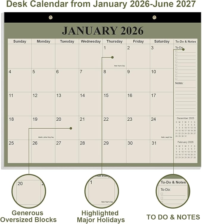 Desk Calendar 2026 - Calendar 2026-2027 from January 2026 to June 2027, 18 Months Calendar with Thick Paper for Office, Home, School Organizing, 14" X 11", Cyan