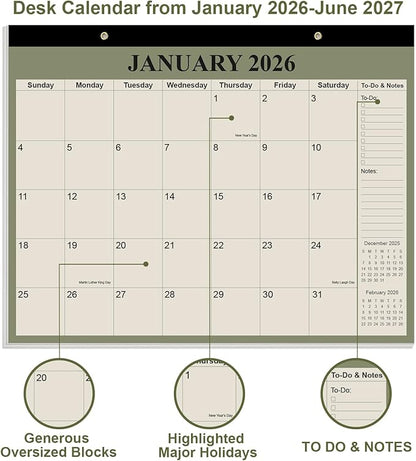 Desk Calendar 2026 - Calendar 2026-2027 from January 2026 to June 2027, 18 Months Calendar with Thick Paper for Office, Home, School Organizing, 14" X 11", Cyan
