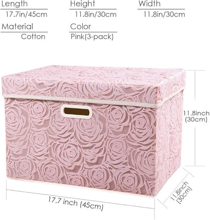 PRANDOM Larger Collapsible Storage Boxes with Lids Fabric Decorative Bins Cubes Organizer Containers Baskets Handles Divider for Bedroom Closet Living Room Pink 17.7x11.8x11.8 Inch 3 Pack