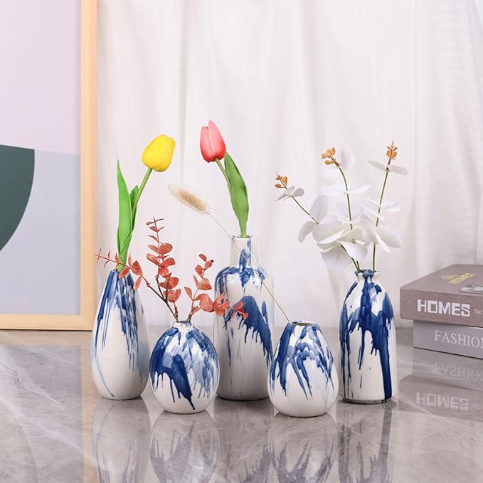 Set of 5 Blue and White Ceramic Small Bud Vases - Modern Farmhouse Navy Blue Decorative Vases for Home, Office, Living Room, Table Decor - Ideal Centerpieces for Flowers, Shelf and Fireplace Accents