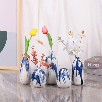 Set of 5 Blue and White Ceramic Small Bud Vases - Modern Farmhouse Navy Blue Decorative Vases for Home, Office, Living Room, Table Decor - Ideal Centerpieces for Flowers, Shelf and Fireplace Accents