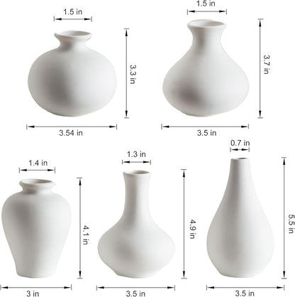 Small Ceramic Vase Set of 5, Modern White Vase, Bud Vase, Boho Decorative Vase for Fireplace, Entryway and Living Room, Centerpiece Table Decorations