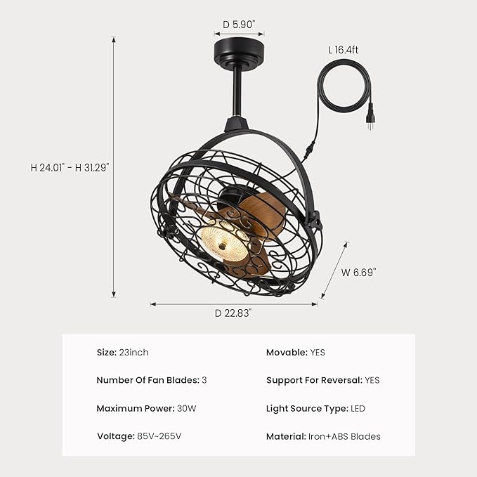 CROSSIO 23'' Outdoor Ceiling Fans with Lights, Gazebo Fan Wet Rated Remote&APP Control, Dimmable Hanging Fan with Plug in Cord for Patio Pergola