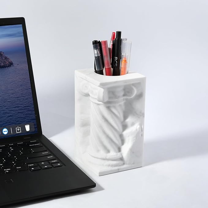 BCS Marble Pencil Pen Holder Stand for Desk, Luxury Makeup Brush Holders, Elegant Roman column Desk Pen Organizer, Unique Versatile Pencil Cup for Office, School, Home Decor - Mini Vase(White)