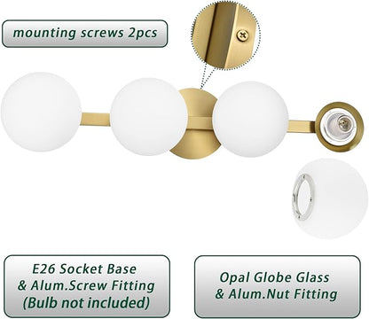 Gold Bathroom Vanity Light Fixtures, Modern 4 Lights Aged Brass Globe Wall Sconce Lighting, Porch Wall Mount Light Fixture for Bathroom, Mirror Cabinets Hallway Stairs (Aged Brass, 4-Light)