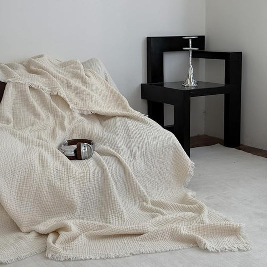 100% Cotton 4-Layer Muslin Blanket with Fringes, 80"x90", Beige Bed Blanket, Ultra-Soft Gauze Boho Bedding for All Seasons, Breathable for Couch, Bed(Beige,Queen)