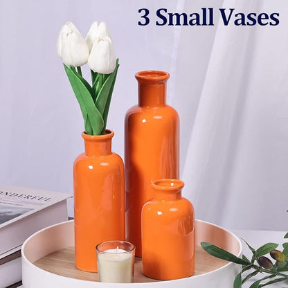 Ceramic Vase Set - 3 Orange Small Vases, Farmhouse Country Flower Vase Home Decor, Living Room Decoration, Table Decoration, Fireplace Decor, and Entrance Decorations Centerpieces