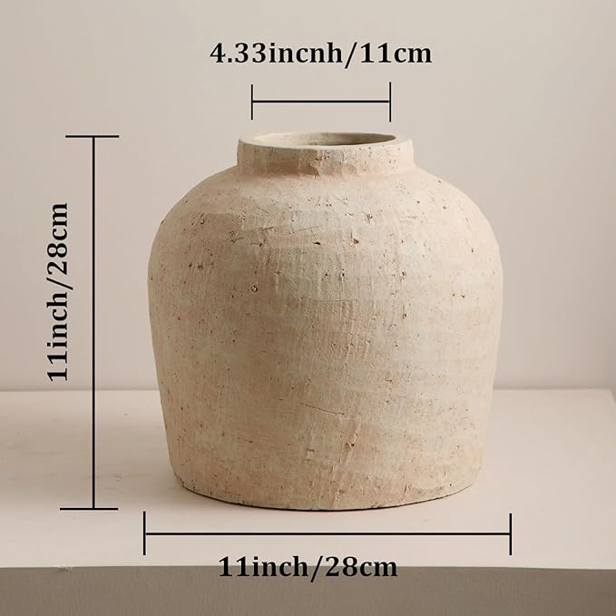 Large Ceramic Vase, 11" Rustic Farmhouse Terracotta Vase for Home Decor, Handicraft Decorative Flower Vase for Living Room, Table Centerpiece, Bedroom (Rustic Beige)
