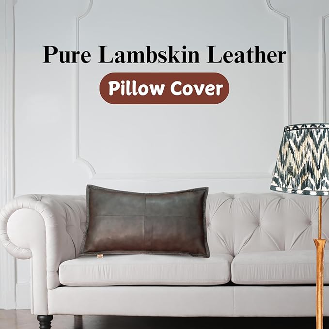 100% Lambskin Leather Pillow Cover - Sofa Cushion Case - Decorative Throw Covers for Living Room & Bedroom, 14x22 Inch - Grey Antique Box Pack of 1