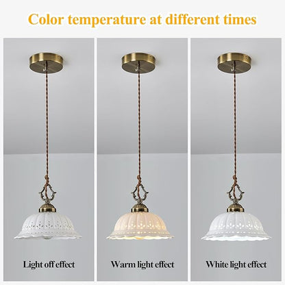 Ceramic Pendant Light 1-Light Adjustable Cord Industrial Ceiling Hanging Light Brass Vintage Chandelier for Kitchen Island Bar Dining Room Bedroom Foyer Hallway Farmhouse