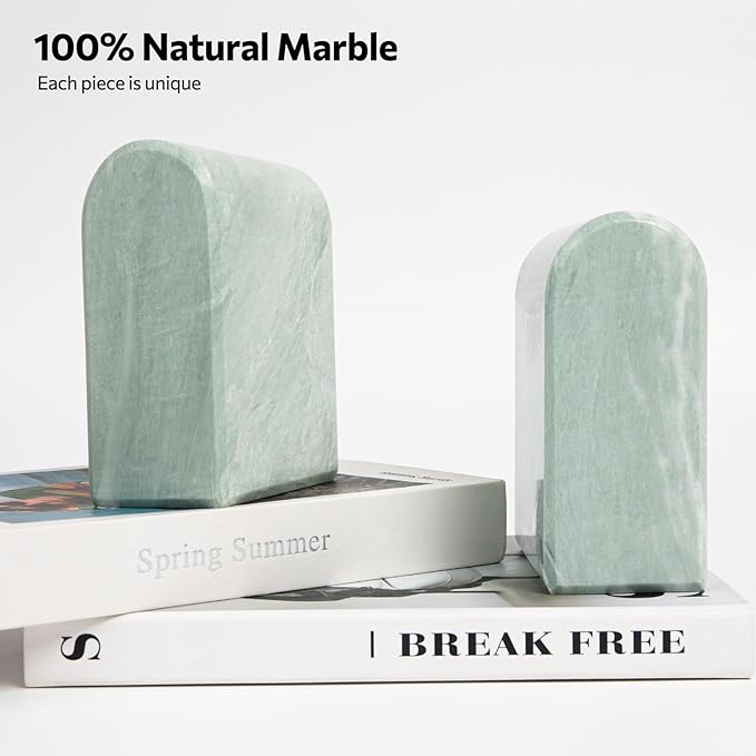 Luxury Marble Bookends for Shelves, 13LB Heavy Duty Marble Book Ends for Heavy Books, Stone Bookends Decorative, Polished, Light Green Arch, Set of 2