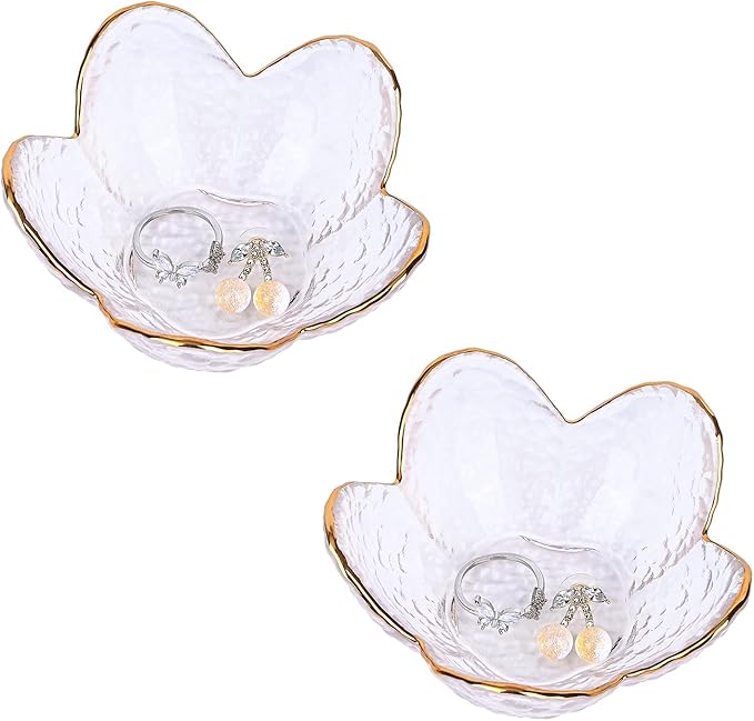 Koythin 2-Piece Glass Jewelry Tray, Small Trinket Holder for Necklace Bracelet Earring, Ring Holders for Bathroom, Aesthetic Trinket Dish, Flower Nightstand Decor for Girl Mom (Transparent White)
