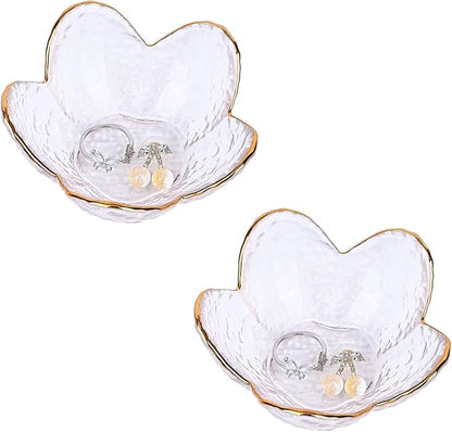 Koythin 2-Piece Glass Jewelry Tray, Small Trinket Holder for Necklace Bracelet Earring, Ring Holders for Bathroom, Aesthetic Trinket Dish, Flower Nightstand Decor for Girl Mom (Transparent White)