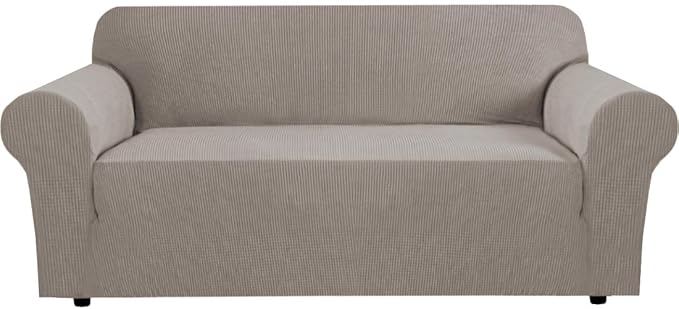 H.VERSAILTEX Stretch Sofa Covers for 3 Cushion Couch Slip Covers for Sofas/Couches Feature Thick Checked Jacquard Fabric with Elastic Bottom, Sofa Large - Taupe