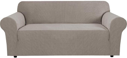 H.VERSAILTEX Stretch Sofa Covers for 3 Cushion Couch Slip Covers for Sofas/Couches Feature Thick Checked Jacquard Fabric with Elastic Bottom, Sofa Large - Taupe
