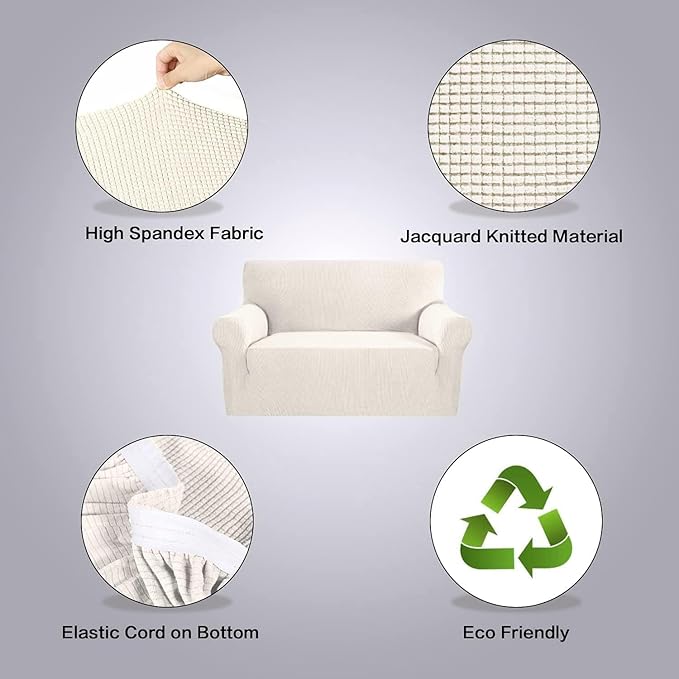 H.VERSAILTEX Stretch Couch Cover 2 Cushion Sofa Loveseat Slipcover|Sofa Cover for Love seat 1 Piece with Elastic Bottom, Textured Checked Jacquard Fabric(Loveseat 58"-70" Wide, Ivory)