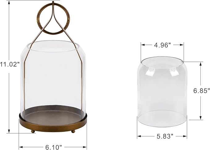 6" Wide Modern Hurricane Candle Holder with Handmade Scandinavian Glass Sleeve in Antique Brass for Pillar Candle & Plants, Hurricane Lantern Industrial, Minimalistic, Shabby Chic (1, Brass, 6"x10")