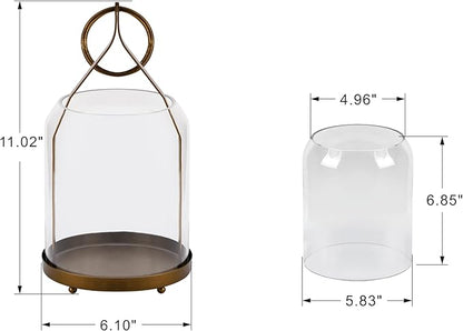 6" Wide Modern Hurricane Candle Holder with Handmade Scandinavian Glass Sleeve in Antique Brass for Pillar Candle & Plants, Hurricane Lantern Industrial, Minimalistic, Shabby Chic (1, Brass, 6"x10")