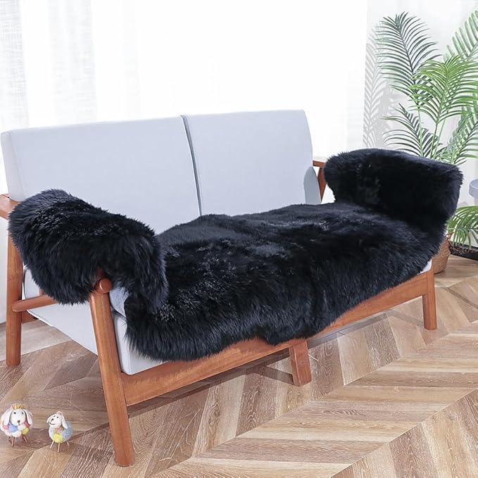 Fluffy Patchwork Sheepskin Rug with Little Patches-Fuzzy Shaggy Fur Genuine Wool Area Carpet for Bedroom Living Room Floor, Pray Pup Mat, Chair Sofa Seat Cover Black 2' x 6'