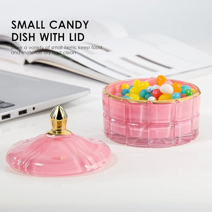Glass Candy Dish Decorative Bowl, Apothecary Jars with Lids Bathroom Glass Jars for Cotton Ball or Cotton Swab Jewelry Storage Boxes with Lids, Crystal Pink Gifts for Women