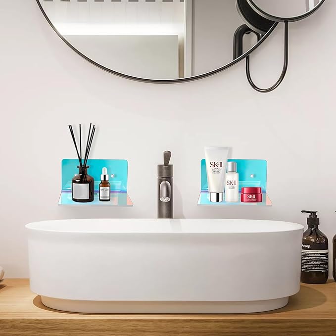 4 Pack Iridescent Small Wall Shelf, 4'' Acrylic Shelves Display Ledges for Storage & Decoration, Small Floating Shelf for Wall with 2 Types of Installation (Adhesive or Screw)