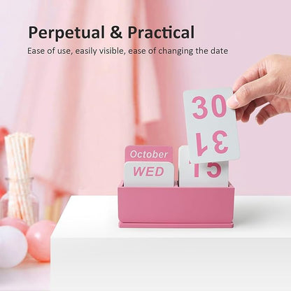 Wooden Block Perpetual Calendar for Desk, Daily Desktop Standing Flip Calendar with Large Display, Modern Farmhouse Aesthetic Desk Accessories for Home Office Decor, Reusable Yearly, Pink