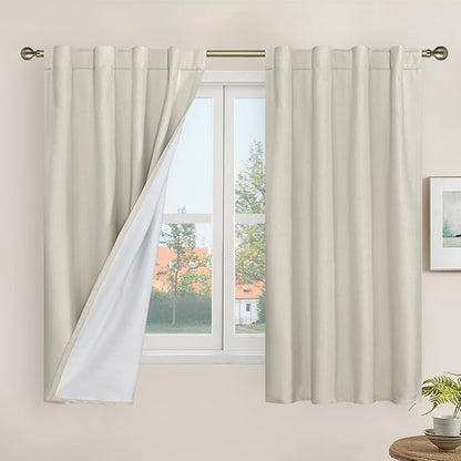 LAMIT Short Linen Blackout Curtains 48 Inch Length 2 Panels, 100% Blackout Linen Textured Thermal Curtains Back Tab and Rod Pocket Bedroom Panels with White Liner for Bathroom, 34 x 48 Inch, Stone