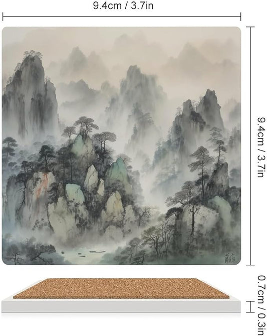 4PCS Forest Drink Coasters, Square Modern Ceramic Absorbent Coasters, Watercolor Japan China Style Nature Mountain Woodland Green Forest Decor Desk Coffee Table Coaster for Beverage Cup Tea Coasters