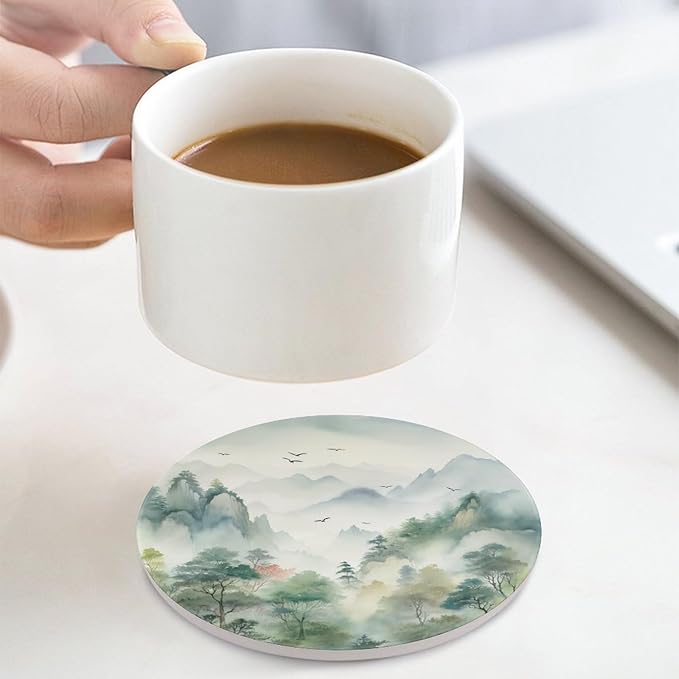 4PCS Forest Ceramic Coasters, Round Absorbent Drink Coasters,Nature Woodland Green Forest Mountain Plant Flying Birds Ceramic Table Coasters for Coffee, Beverage, Wine, Beer Coasters