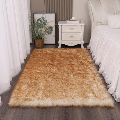 Fluffy Faux Fur Rug White Yellow Sheepskin Area Rug,4x6 Ft Ultra Soft Shaggy Plush Rug for Bedroom Bedside Living Room Nursery Kids Room