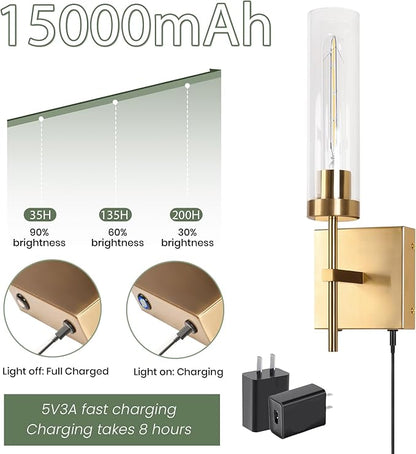 Wireless Sconces,Battery Operated Wall Sconce 15000mAh 3000K Infinitely Dimmable with Remote Control Endurance 200 Hours Fast Charging,Wall Sconce for Bedroom Living Room Hallway