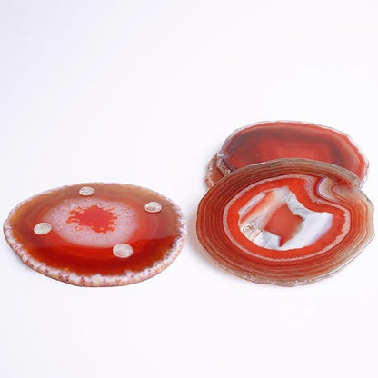 Orange Red Agate Coasters Set of 4 with Rubber Bumpers - Fiery 4-5 Inch Dyed Geode Stone Drink Coasters for Home Bar, Table Decor, Gift