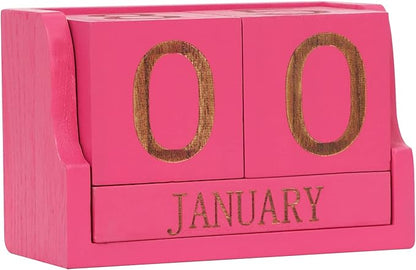 Block Calendar,Wooden Perpetual Blocks,Small Desk Decor for Office Desktop Vintage Month Date Number Cubes Display Home Chic Rustic Decoration(Hot Pink)