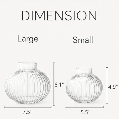Round Glass Vases Set of 2, Flower Vases for Bouquet, Ribbed Glass Vase for Flowers, Small Clear Vase for Living Room, Office, Coffee Table, Shelf, Wedding