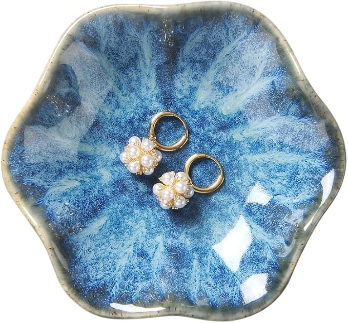 Lotus Leaf Shape Ring Holder Dish, Small Key Bowl, Ceramic Trinket Tray Jewelry Dish Organizing Necklace Earrings for Mom Friend Sister. All Jewelries are NOT Included. Light Blue.