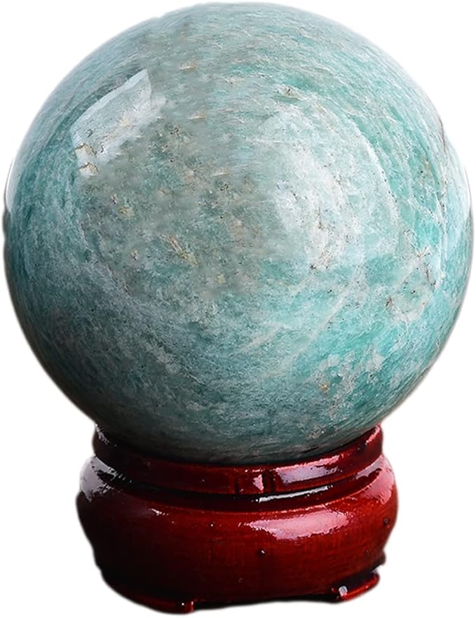 JIC Gem Amazonite Crystal Ball Sphere with Wood Stand Blue Gemstone Sphere Healing Crystal Balls for Reiki Chakra Decoration Fengshui (90-100mm)