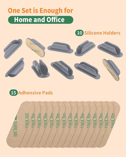Adhesive Pencil Holders for Desk Set of 10 - Silicone Pen Holder with 15 PCS Adhesive Pads - Flexible Pencil Holder for Office Essentials Accessories and Teacher Supplies - Grey