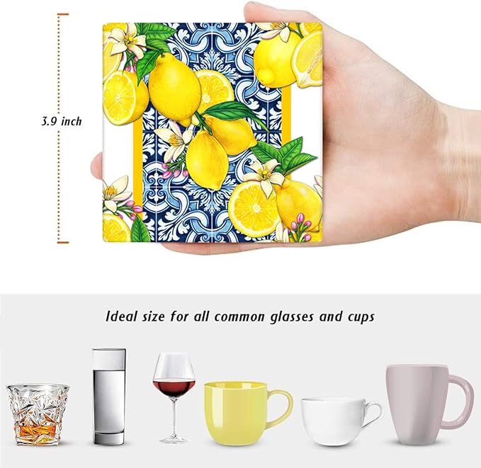 Coasters for Drinks Set of 6, Yellow Lemon Fruit Blue Ceramic Tiles Pattern Absorbent Square Ceramic Stone Mat, with Cork Base and Metal Holder, Gift for Housewarming Room Bar Decor