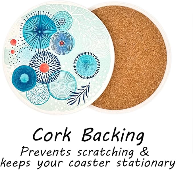 AD Set of 6 Coasters for Drinks Absorbing Round Ceramic Stone Coaster with Cork Base Tabletop Protection Mat for Mugs and Cups,Office,Kitchen (Color Droplets with Rose Gold Holder)