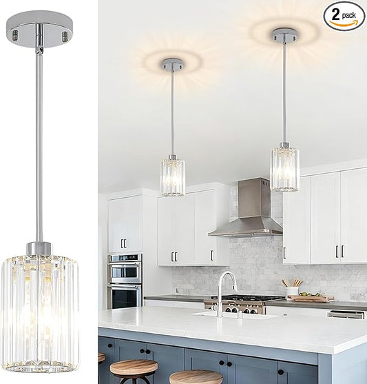 Chrome Pendant Lights, 2 Pack Modern Crystal Hanging Pendant Light Fixtures, Mini Crystal Island Lights for Kitchen Island, Dining Room, Hallway, Foyer, Entryways