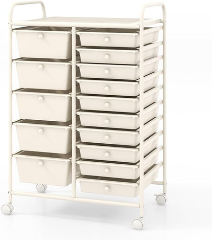 HAPPYGRILL 15-Drawer Rolling Cart, Storage Carts with Removable Drawers & Steel Frame, Utility Cart on Lockable Wheels for Home, School, Office (Ivory)