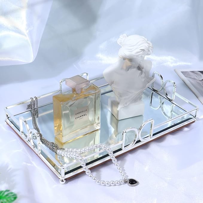 Decorative Tray, Bright Silver, Modern Premium Feeling Perfume Tray, Luxury Rust-Proof Glass Tray for Bathroom, Dresser, Bedroom