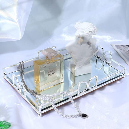 Decorative Tray, Bright Silver, Modern Premium Feeling Perfume Tray, Luxury Rust-Proof Glass Tray for Bathroom, Dresser, Bedroom