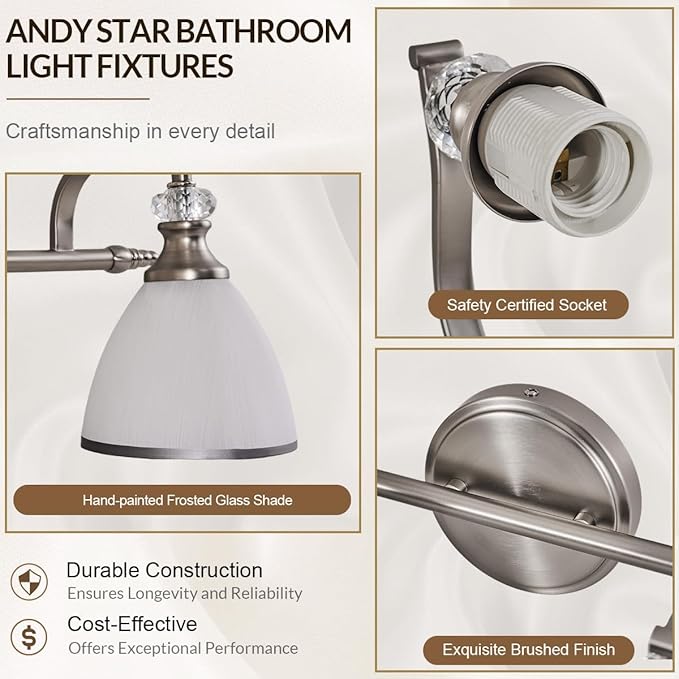 ANDY STAR Brushed Nickel Vanity Light, 2-Light Bathroom Light Fixtures with Milky White Bell-Shape Glass Shades, Eye-Friendly Bathroom Wall Lamp for Mirror, Kitchen, Bedroom, Hallway