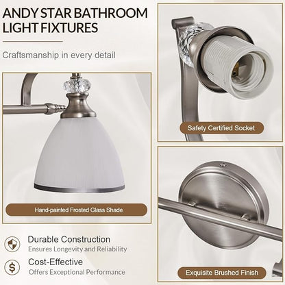 ANDY STAR Brushed Nickel Vanity Light, 2-Light Bathroom Light Fixtures with Milky White Bell-Shape Glass Shades, Eye-Friendly Bathroom Wall Lamp for Mirror, Kitchen, Bedroom, Hallway