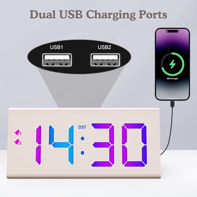 Wooden Digital Alarm Clock with Dual USB Charging Ports, DST, Dimmable, Snooze, RGB Colors, Modern Large Time Display LED Clock for Kids Bedrooms, Living Room, Desk, Table, Bedside, Nightstand (White)