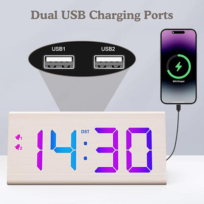 Wooden Digital Alarm Clock with Dual USB Charging Ports, DST, Dimmable, Snooze, RGB Colors, Modern Large Time Display LED Clock for Kids Bedrooms, Living Room, Desk, Table, Bedside, Nightstand (White)
