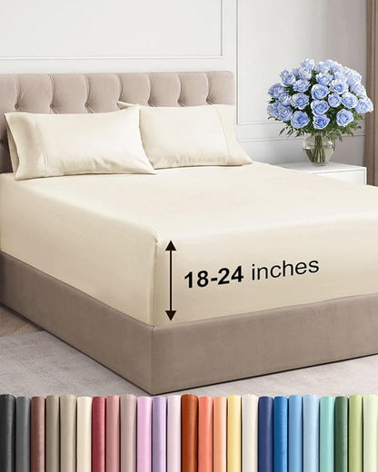 Extra Deep Twin Sheet Set - 4 Piece Breathable & Cooling Sheets - Hotel Luxury Bed Sheets Set - Easy & Secure Fit - Soft, Wrinkle Free & Comfy Sheets Set - Off White Sheet Set with Extra Deep Pockets