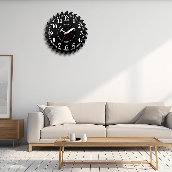 12 Inch Wall Clock with Circular Saw Blade Dial, Handsaw and Hammer Pointer,Great Decor for Home,Workshop and Man Cave (Black)